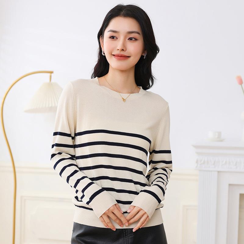 Classic Cashmere Sweater, Crewneck Stripe  | Womens  Sweaters Clothing Cream