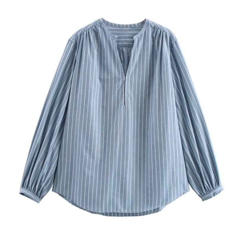 Premium Washable Linen Shirt, Splitneck Stripe  | Womens  Shirts & Tops Clothing Moonlight Blue Stripe