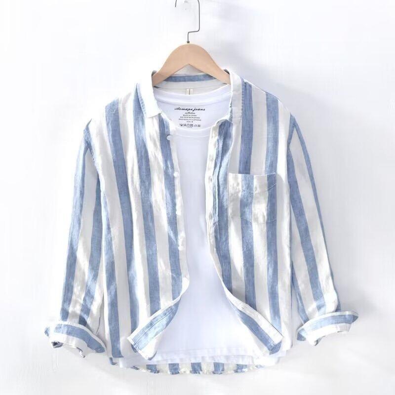 Premium Washable Linen Shirt, Tunic Stripe  | Womens  Shirts & Tops Clothing Arctic Blue Stripe